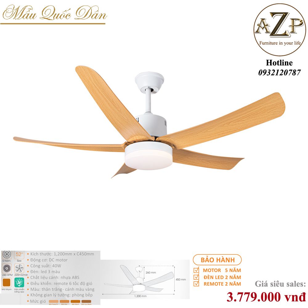 Quạt Nhóm Quốc Dân 5 Cánh Nhựa ABS - Có Đèn/ Bảo Hành 5 năm AZP-QQD100 29