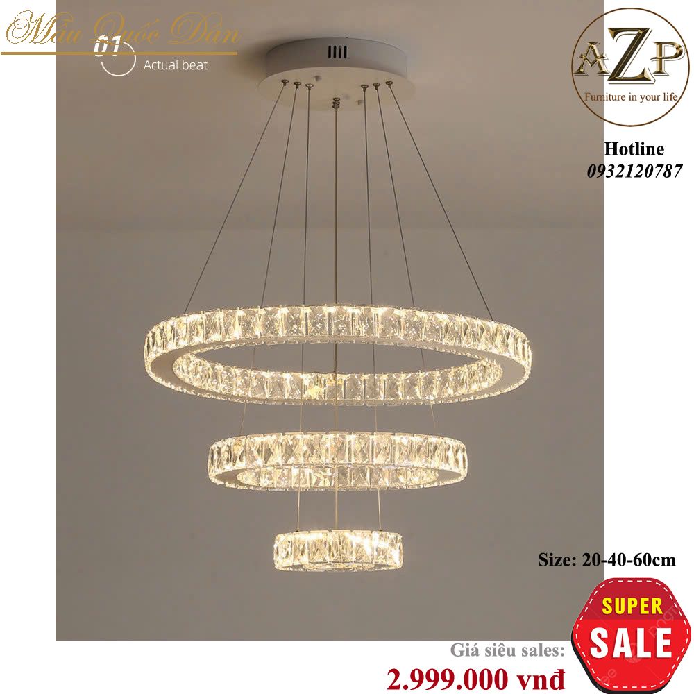 Đèn Thả Trần Trang Trí Hiện Đại 3 Vòng Tròn Pha Lê Nhập Khẩu-AZP-VT18