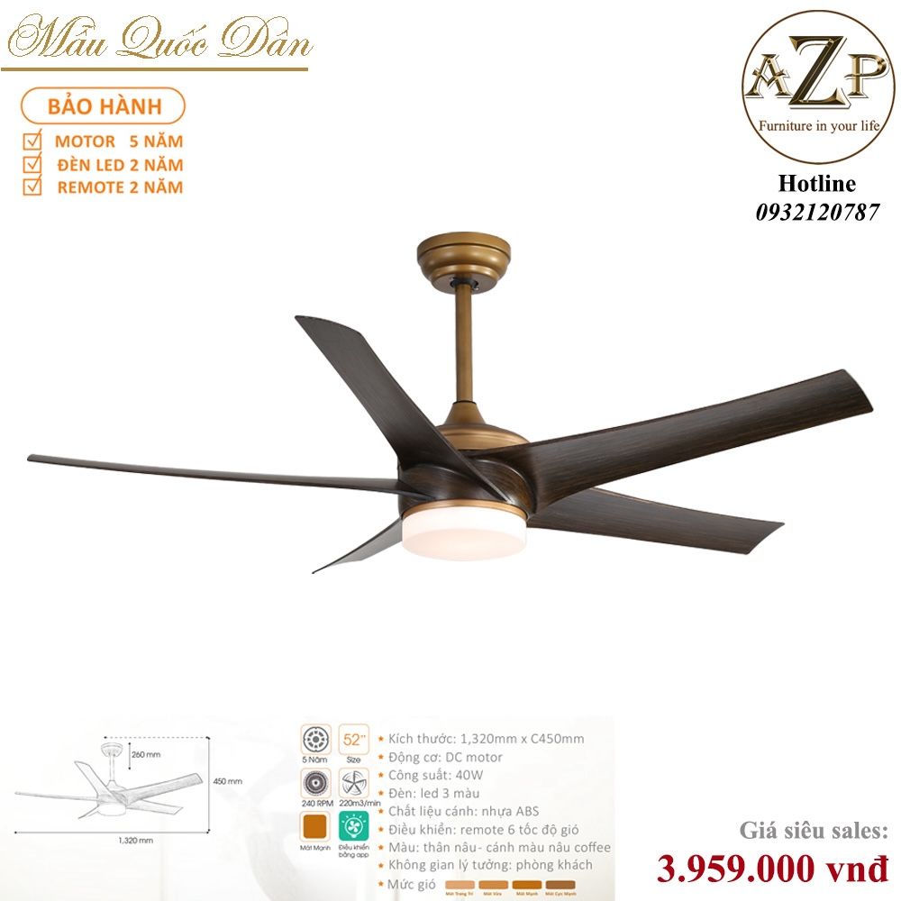 Quạt Nhóm Quốc Dân 5 Cánh Nhựa ABS - Có Đèn/ Bảo Hành 5 năm AZP-QQD55