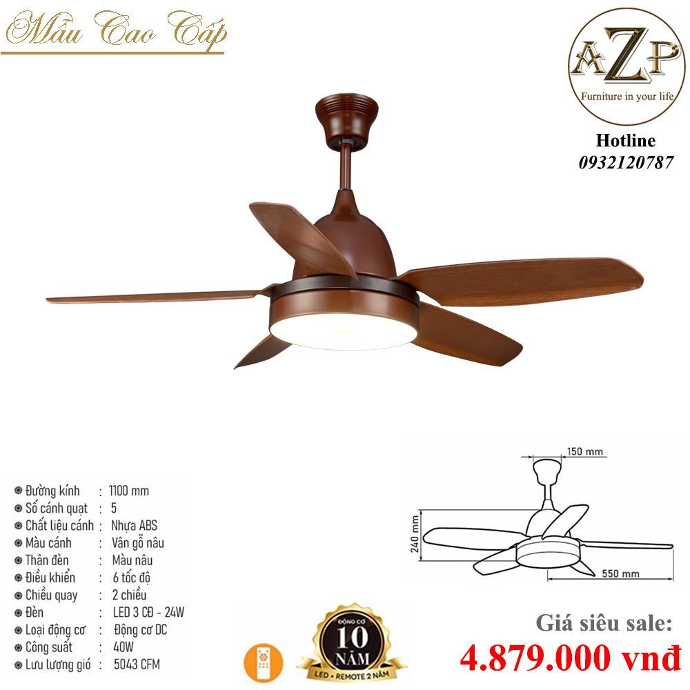 Quạt Nhóm Trung Lưu 5 Cánh Nhựa ABS - Có Đèn/ Bảo Hành 10 năm AZP-QTL32