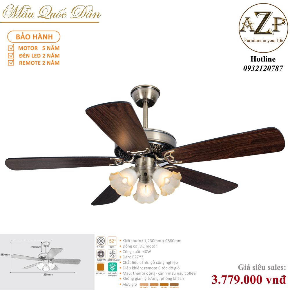 Quạt Nhóm Quốc Dân 5 Cánh Gỗ - Có Đèn/ Bảo Hành 5 năm AZP-QQD13