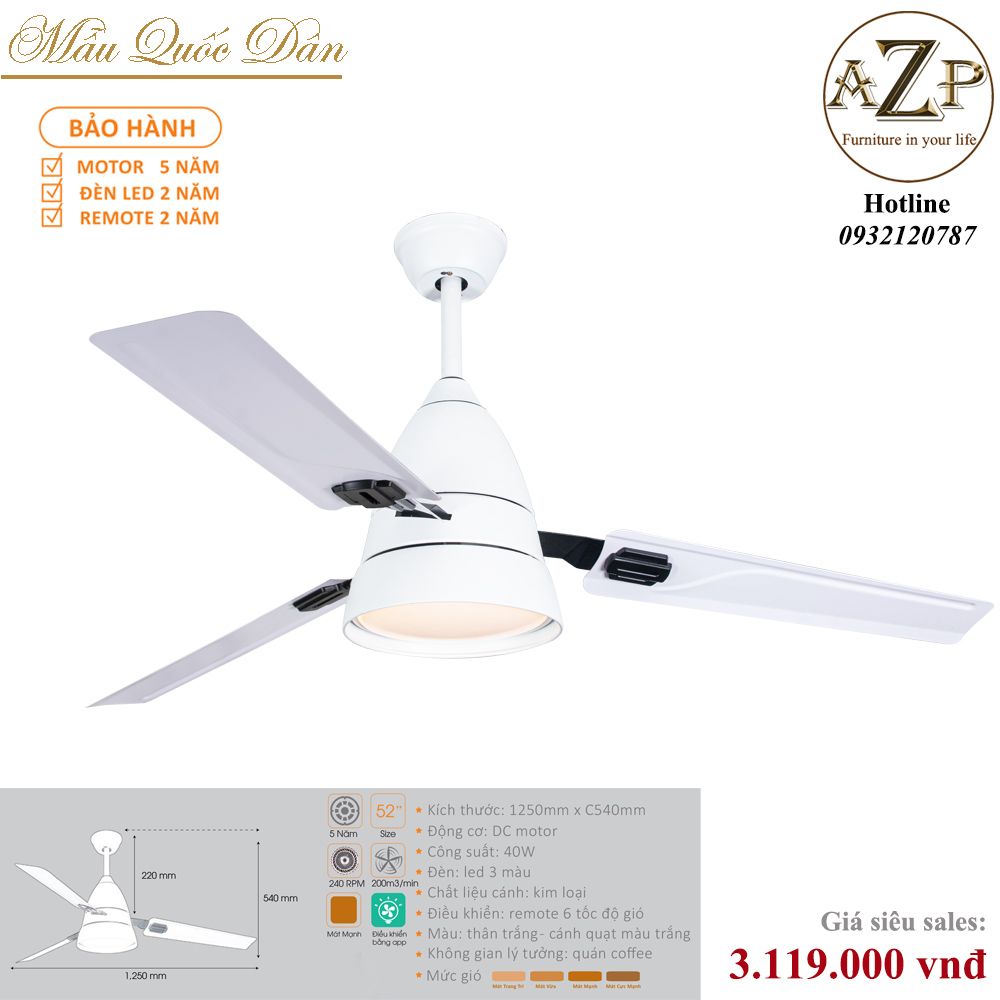 Quạt Nhóm Quốc Dân 5 Cánh Thép - Có Đèn/ Bảo Hành 5 năm AZP-QQD48