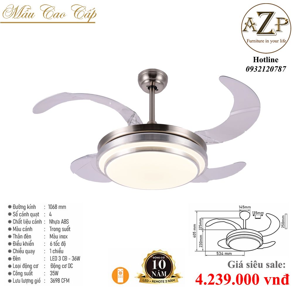Quạt Nhóm Trung Lưu 4 Cánh Nhựa ABS - Có Đèn/ Bảo Hành 10 năm AZP-QTL72