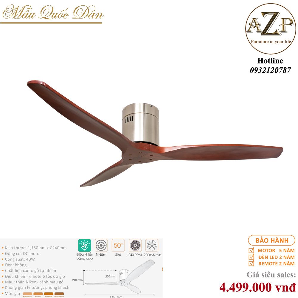 Quạt Nhóm Quốc Dân 3 Cánh Gỗ - Không Đèn/ Bảo Hành 5 năm AZP-QQD100 65