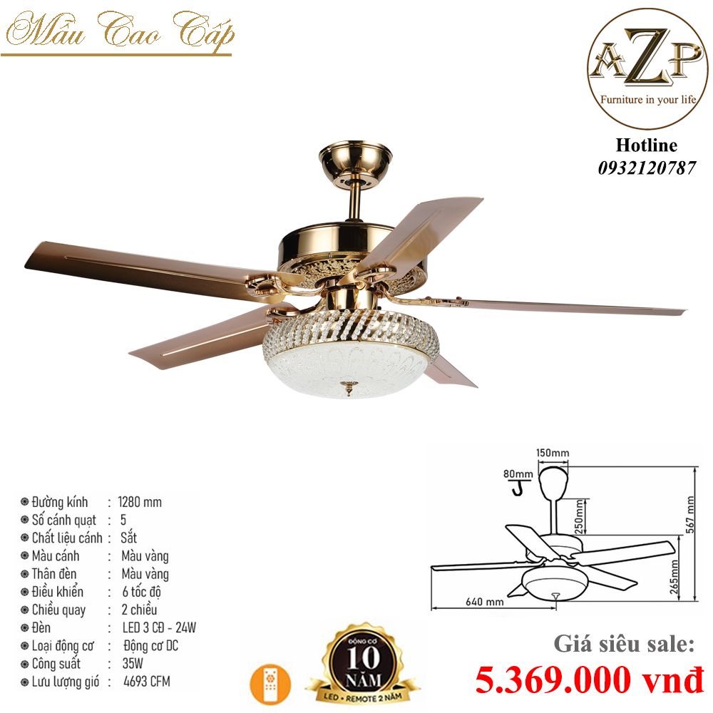 Quạt Nhóm Trung Lưu 5 Cánh Thép  - Có Đèn/ Bảo Hành 10 năm AZP-QTL27