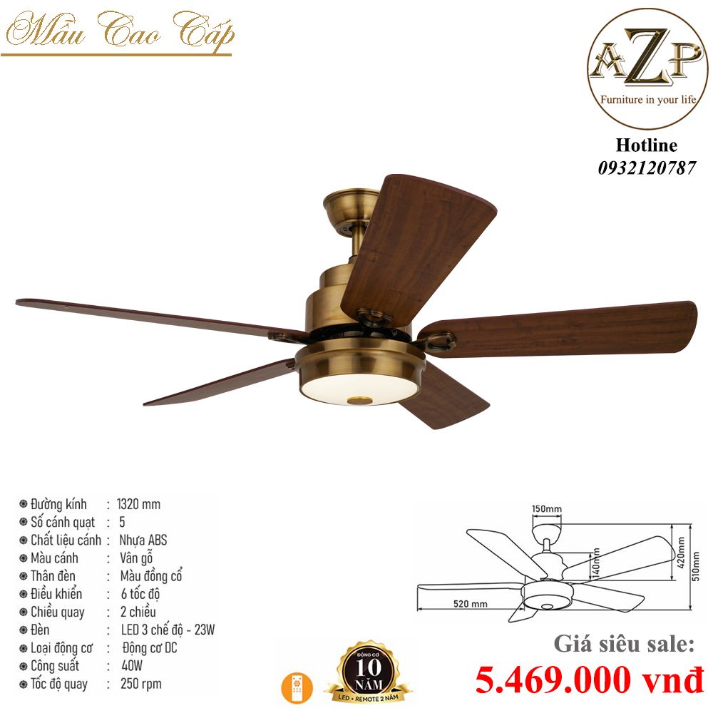 Quạt Nhóm Trung Lưu 5 Cánh Nhựa ABS  - Có Đèn/ Bảo Hành 10 năm AZP-QTL33