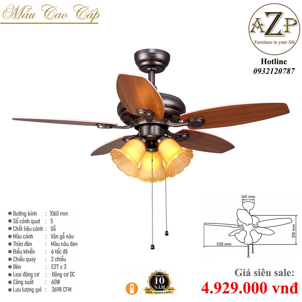 Quạt Nhóm Trung Lưu 5 Cánh Gỗ  - Có Đèn/ Bảo Hành 10 năm AZP-QTL53