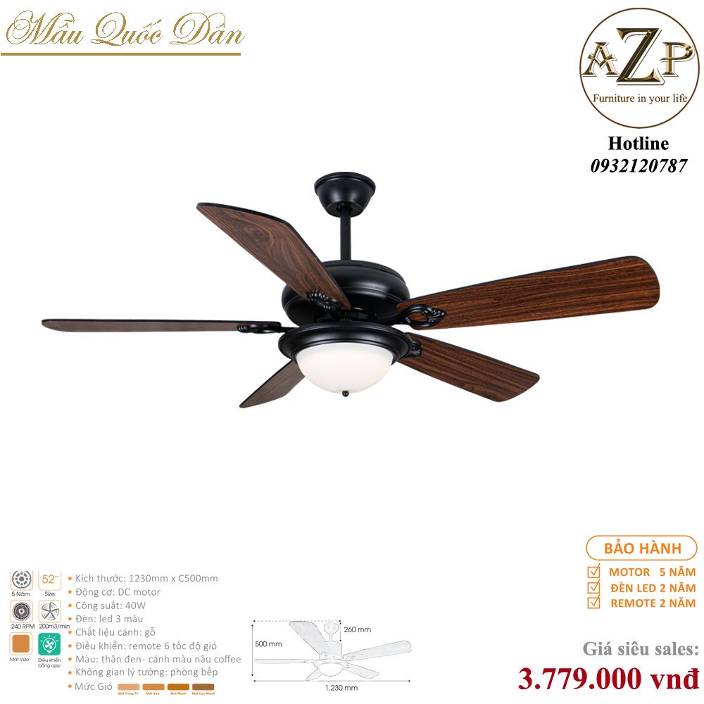 Quạt Nhóm Quốc Dân 5 Cánh Gỗ - Có Đèn/ Bảo Hành 5 năm AZP-QQD28B