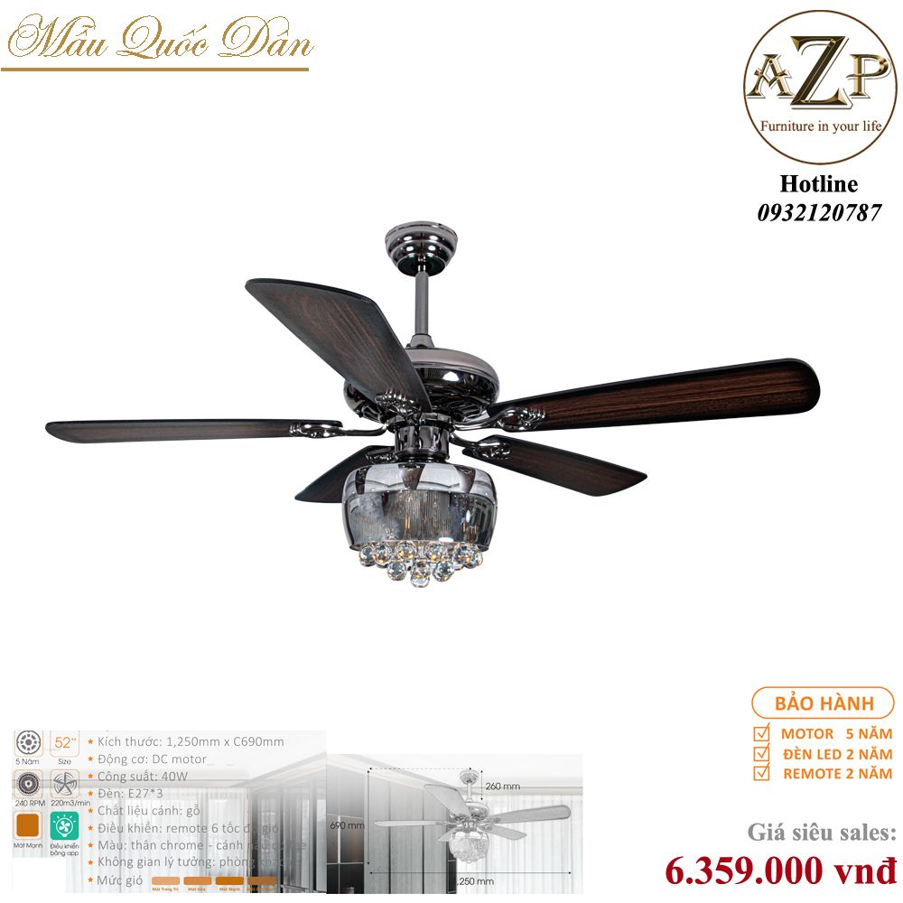 Quạt Nhóm Quốc Dân 5 Cánh Gỗ - Có Đèn/ Bảo Hành 5 năm AZP-QQD28