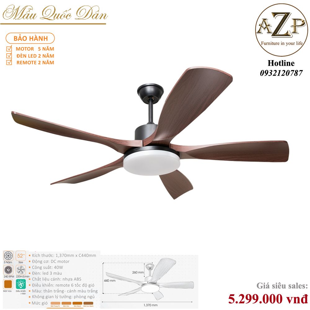 Quạt Nhóm Quốc Dân 5 Cánh Nhựa ABS - Có Đèn/ Bảo Hành 5 năm AZP-QQD100 18