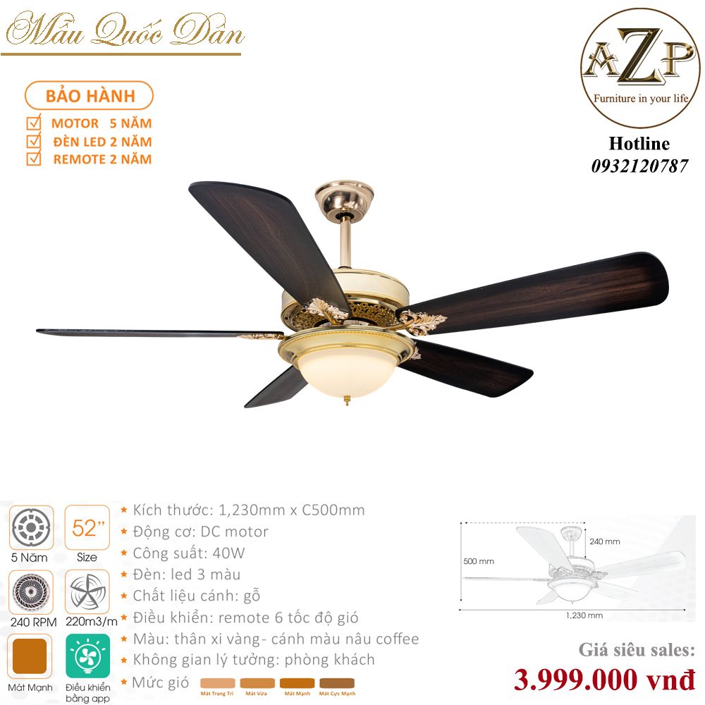 Quạt Nhóm Quốc Dân 5 Cánh Gỗ - Có Đèn/ Bảo Hành 5 năm AZP-QQD31