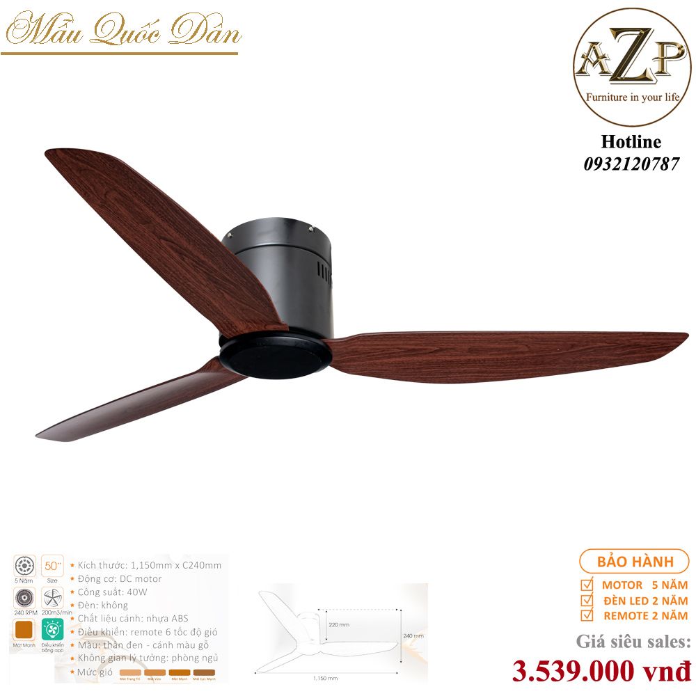 Quạt Nhóm Quốc Dân 3 Cánh Nhựa - Không Đèn Đèn/ Bảo Hành 5 năm AZP-QQD100 60