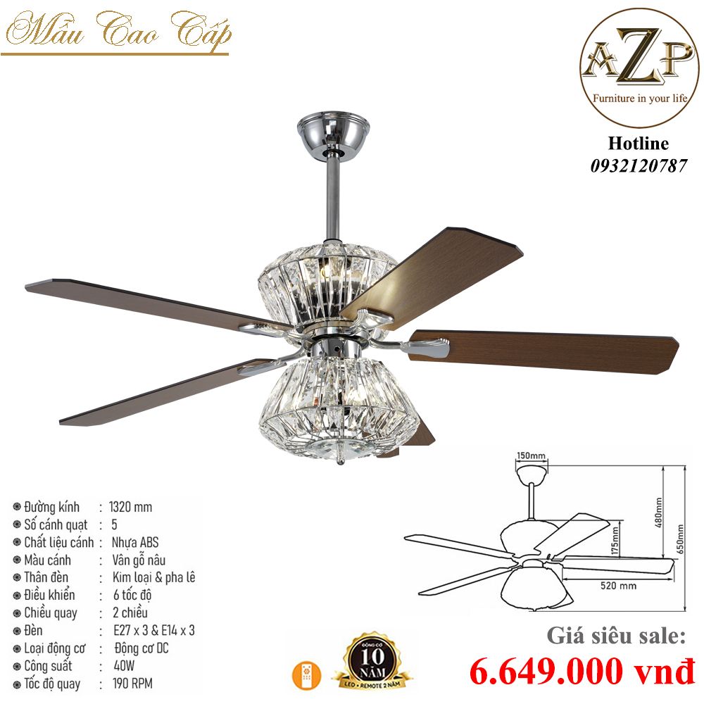 Quạt Nhóm Trung Lưu 5 Cánh Nhựa ABS  -  Có Đèn Phale/ Bảo Hành 10 năm AZP-QTL50