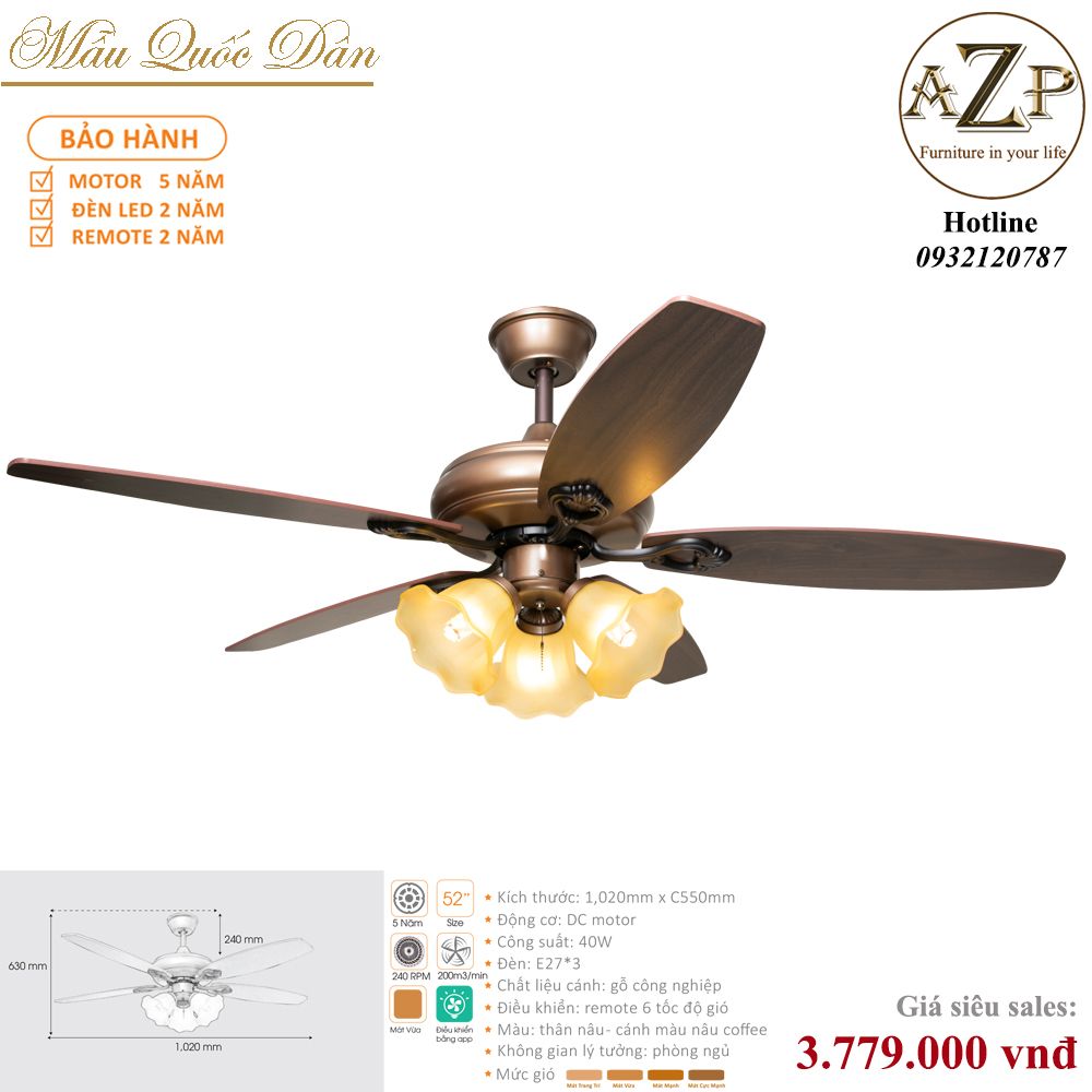 Quạt Nhóm Quốc Dân 5 Cánh Gỗ - Có Đèn/ Bảo Hành 5 năm AZP-QQD14