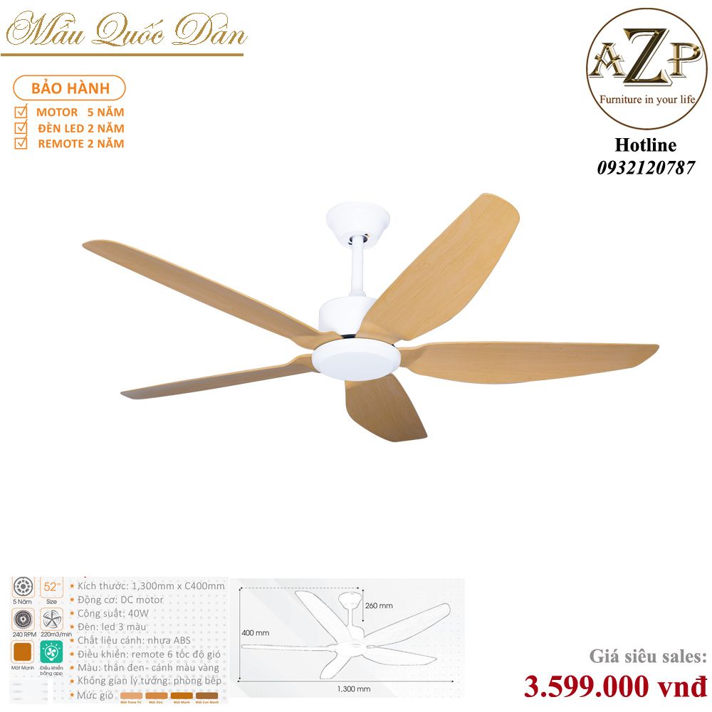 Quạt Nhóm Quốc Dân 5 Cánh Nhựa ABS - Không Đèn/ Bảo Hành 5 năm AZP-QQD100 22