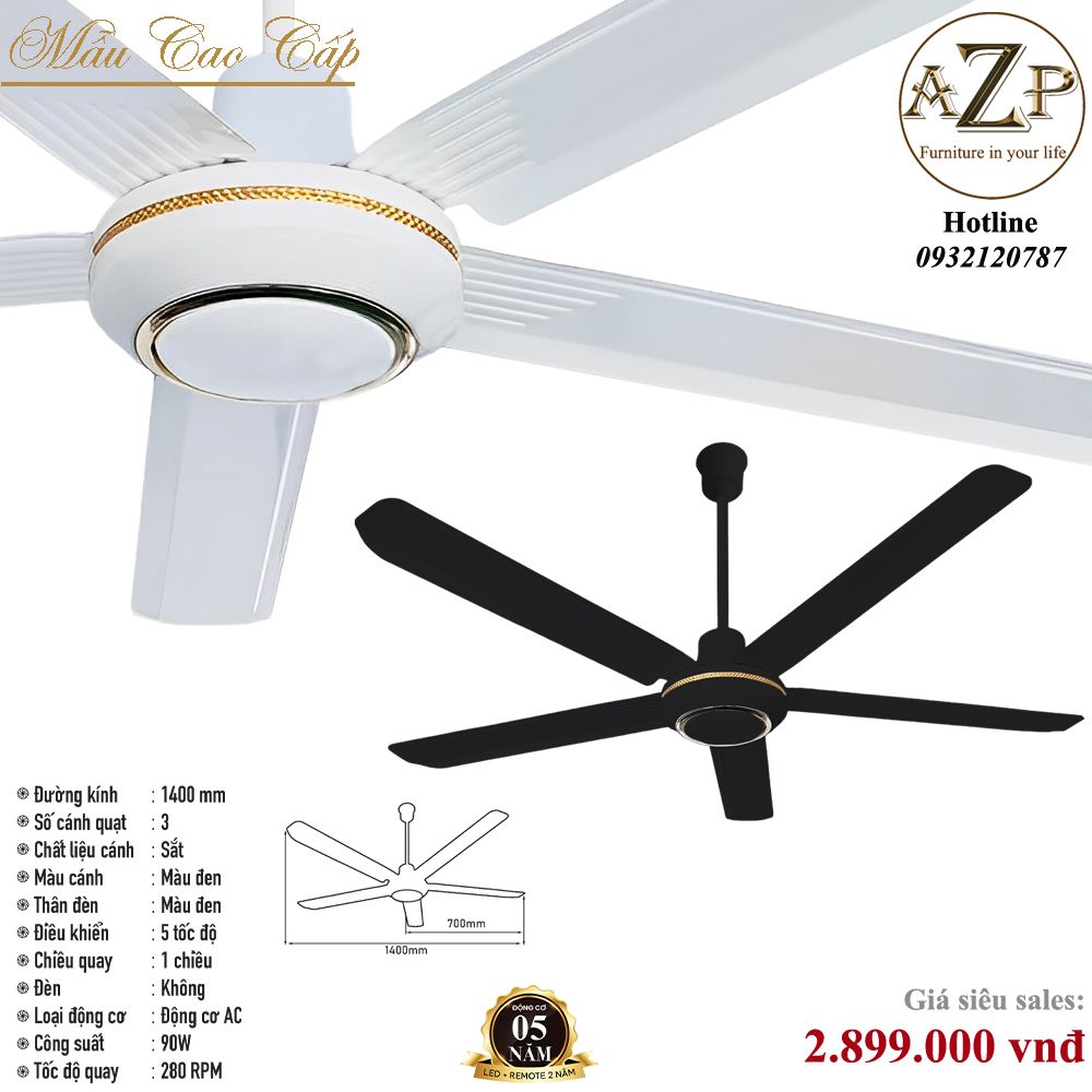 Quạt Nhóm Trung Lưu 5 Cánh Thép  - Không Đèn/ Bảo Hành 10 năm AZP-QTL16