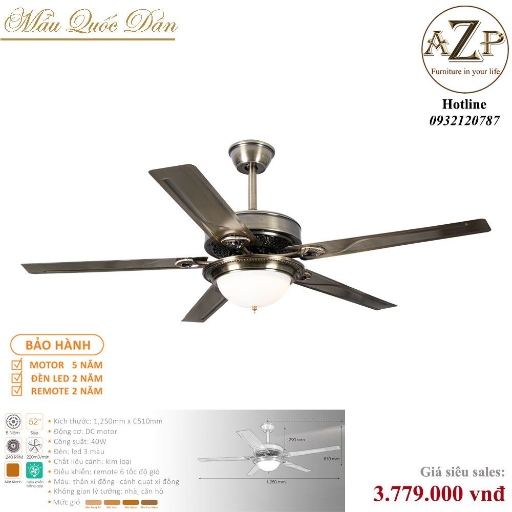 Quạt Nhóm Quốc Dân 5 Cánh Thép - Có Đèn/ Bảo Hành 5 năm AZP-QQD46