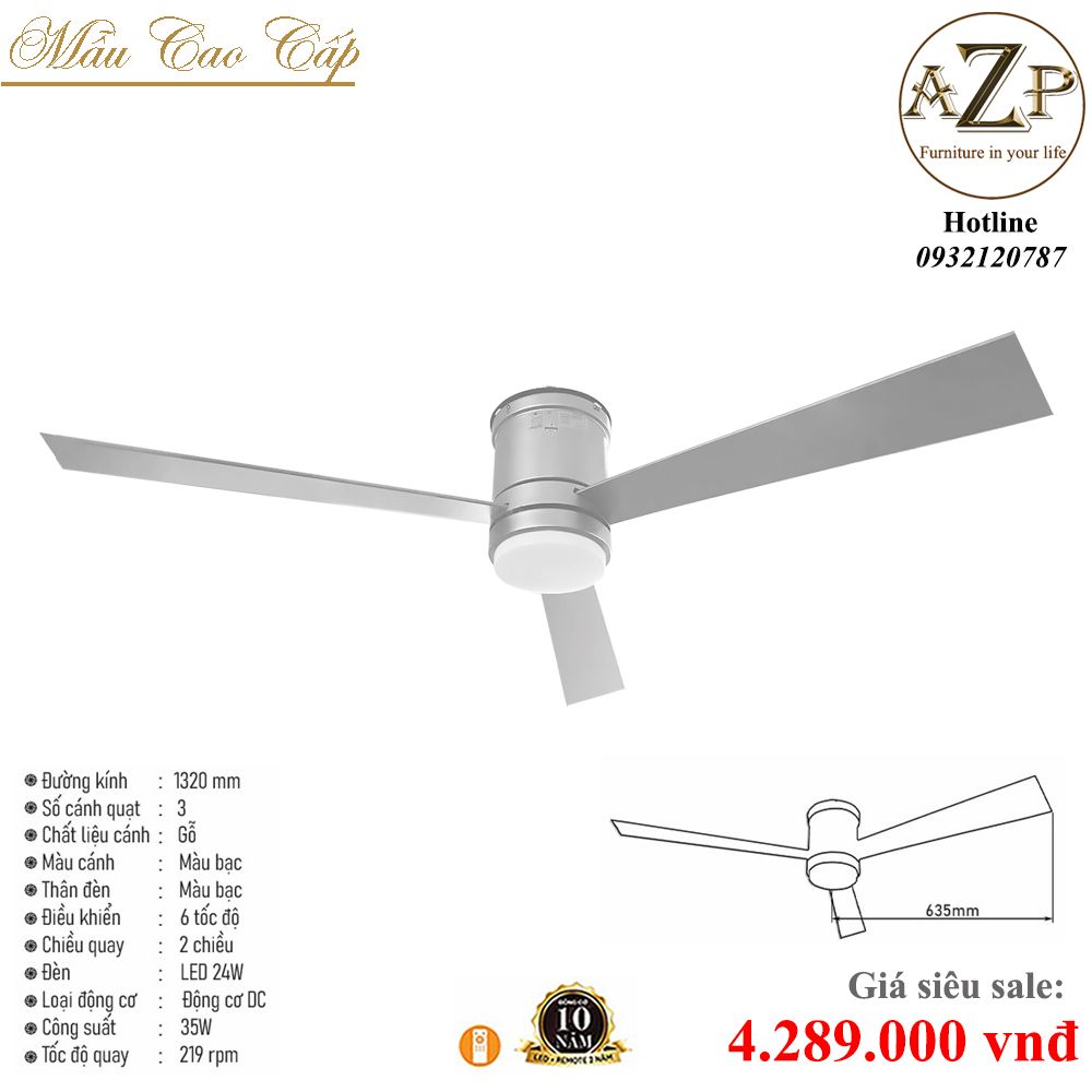 Quạt Nhóm Trung Lưu 3 Cánh Gỗ - Có Đèn/ Bảo Hành 10 năm AZP-QTL67