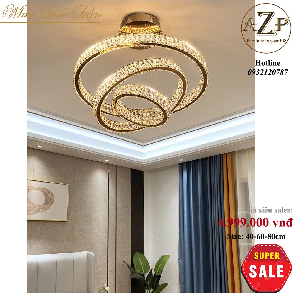 Đèn Thả Trần Trang Trí Hiện Đại 3 Vòng Tròn Pha Lê Nhập Khẩu-AZP-VT14