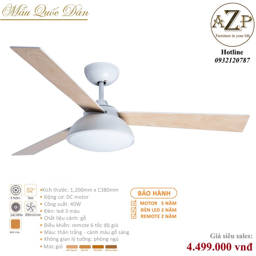 Quạt Nhóm Quốc Dân 3 Cánh Gỗ - Có Đèn/ Bảo Hành 5 năm AZP-QQD40