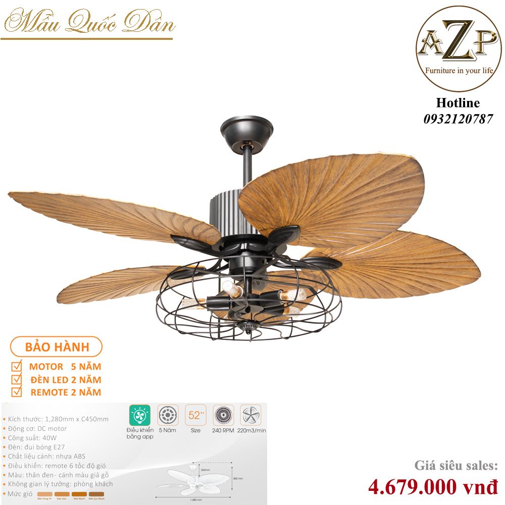 Quạt Nhóm Quốc Dân 5 Cánh Nhựa ABS - Có Đèn/ Bảo Hành 5 năm AZP-QQD64