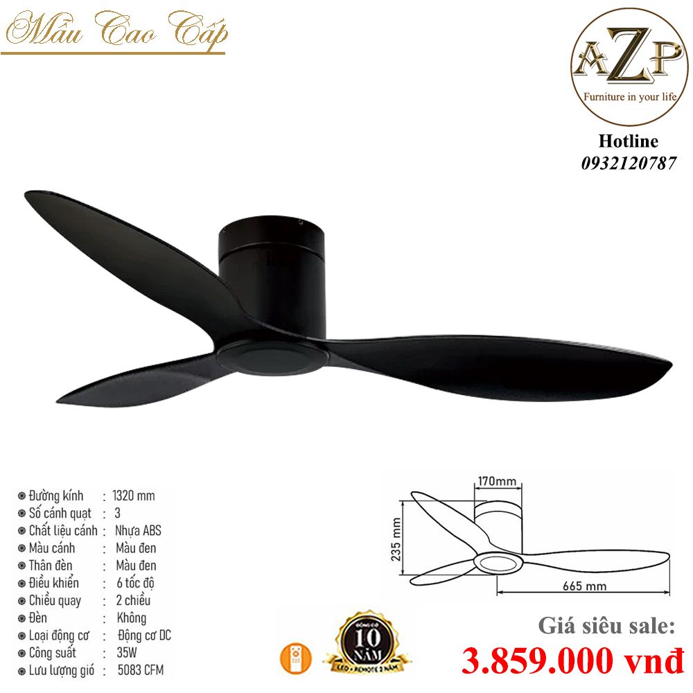 Quạt Nhóm Trung Lưu 3 Cánh Nhựa ABS - Không Đèn/ Bảo Hành 10 năm AZP-QTL65