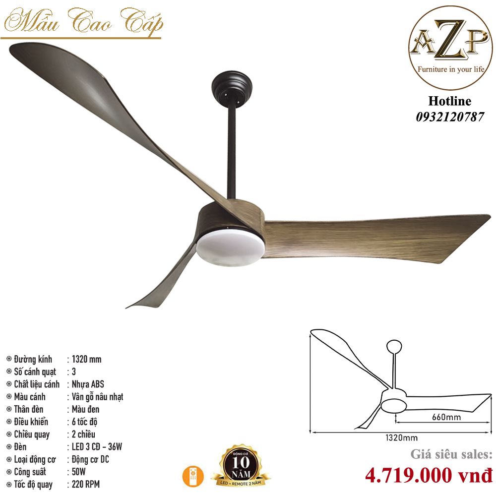 Quạt Nhóm Trung Lưu 3 cánh Gỗ - Có Đèn / Bảo Hành 10 năm-AZP-QTL7
