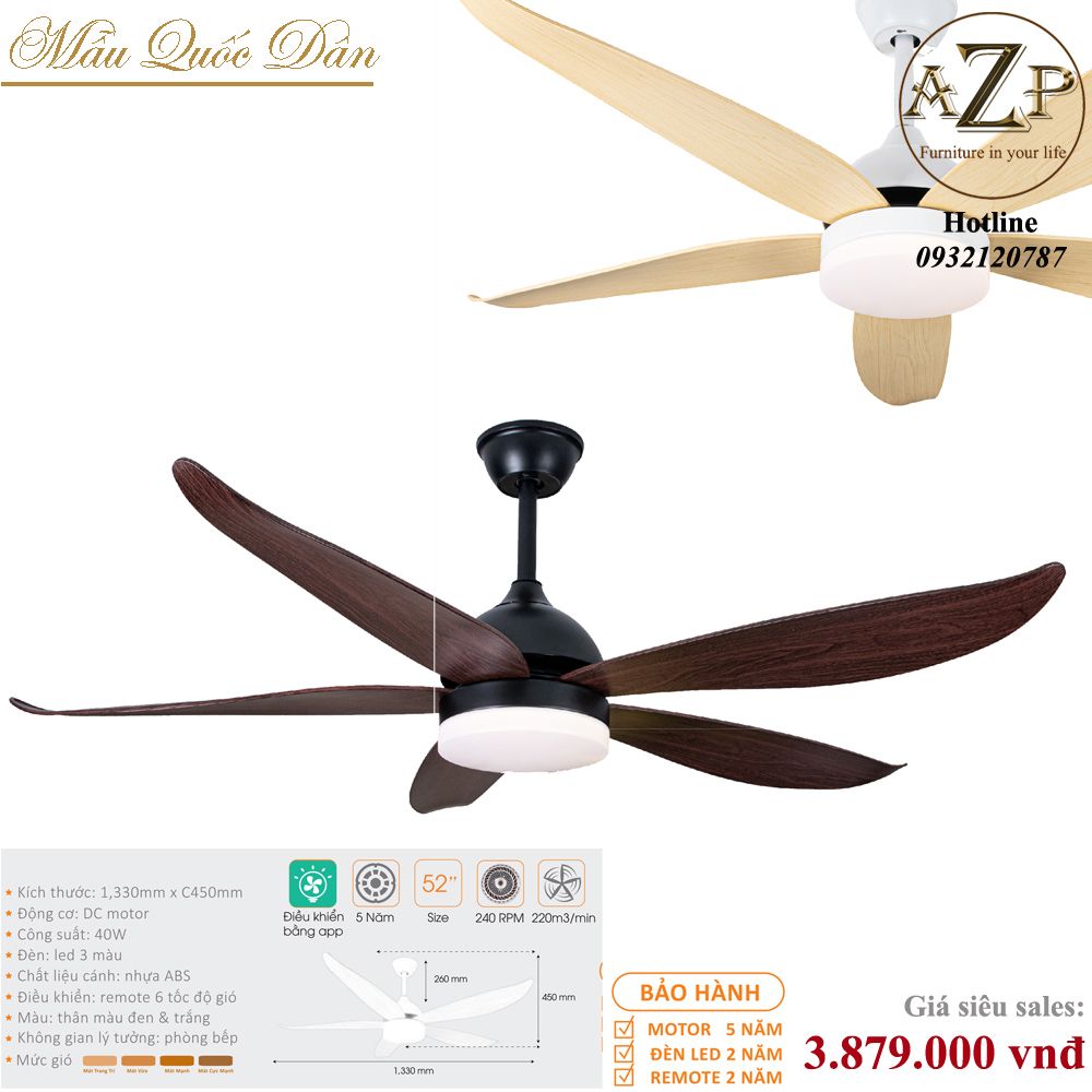 Quạt Nhóm Quốc Dân 5 Cánh Nhựa ABS - Có Đèn/ Bảo Hành 5 năm AZP-QQD100 10