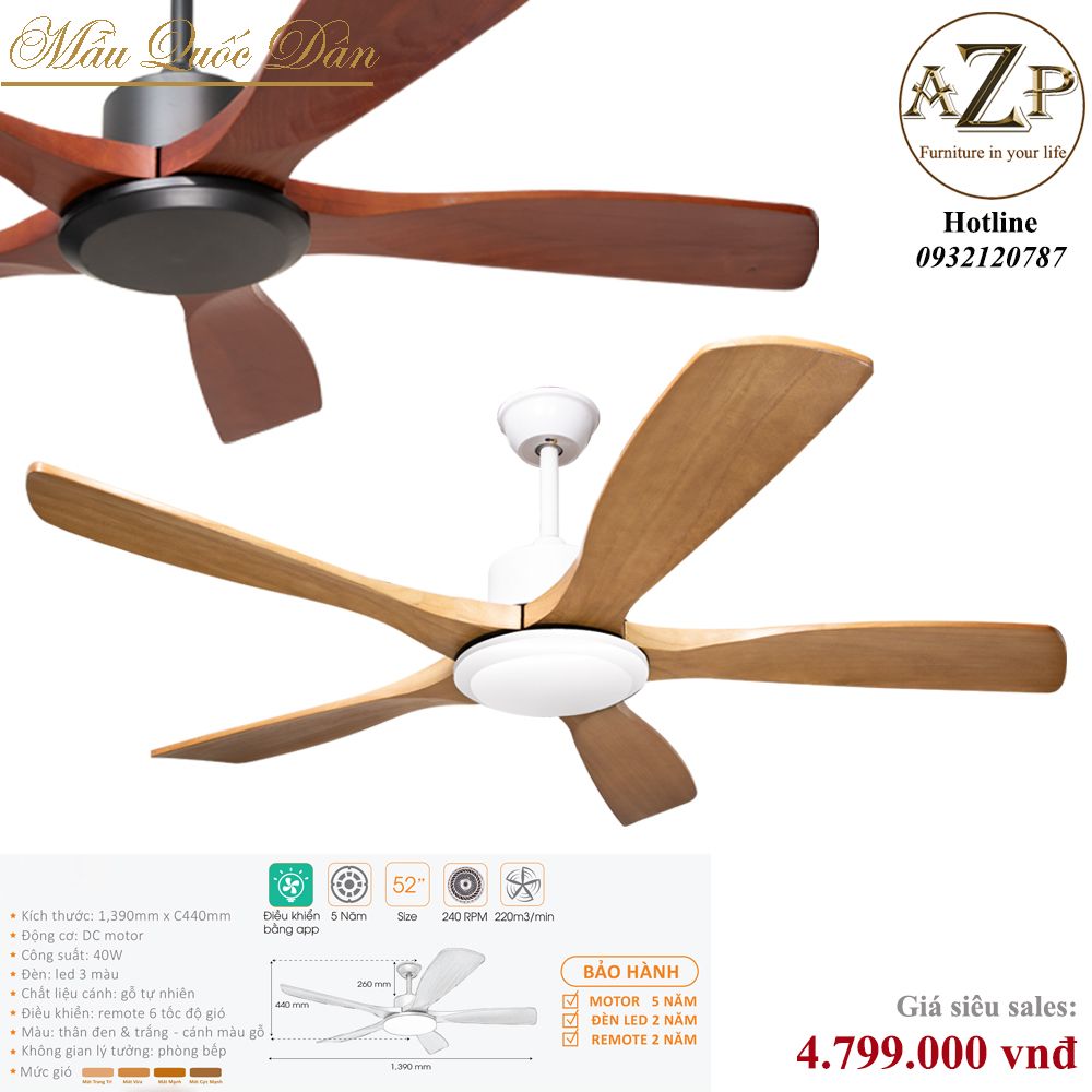 Quạt Nhóm Quốc Dân 5 Cánh Gỗ - Có Đèn/ Bảo Hành 5 năm AZP-QQD18