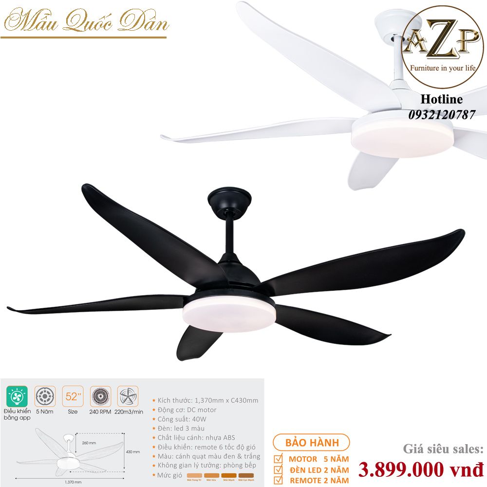 Quạt Nhóm Quốc Dân 5 Cánh Nhựa ABS - Có Đèn/ Bảo Hành 5 năm AZP-QQD100 12