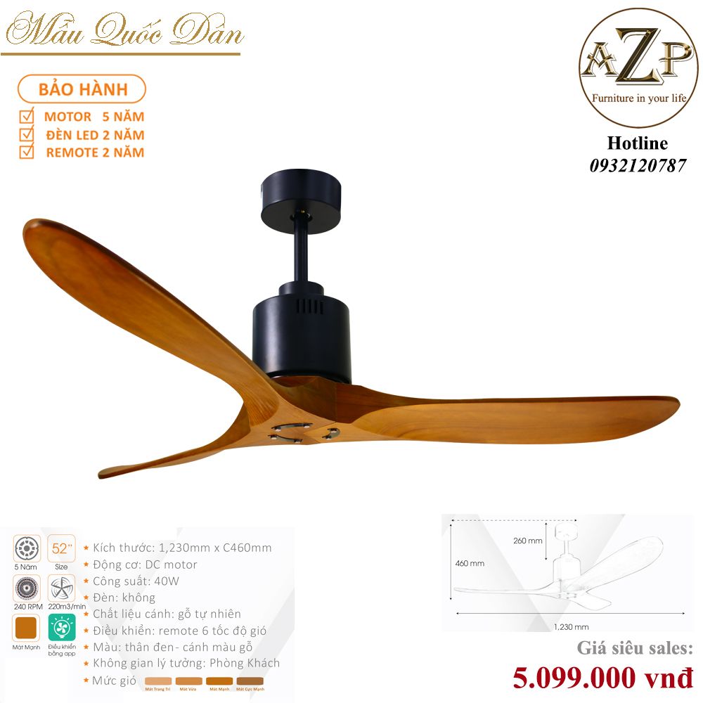 Quạt Nhóm Quốc Dân 3 Cánh Gỗ - Không Đèn/ Bảo Hành 5 năm AZP-QQD9