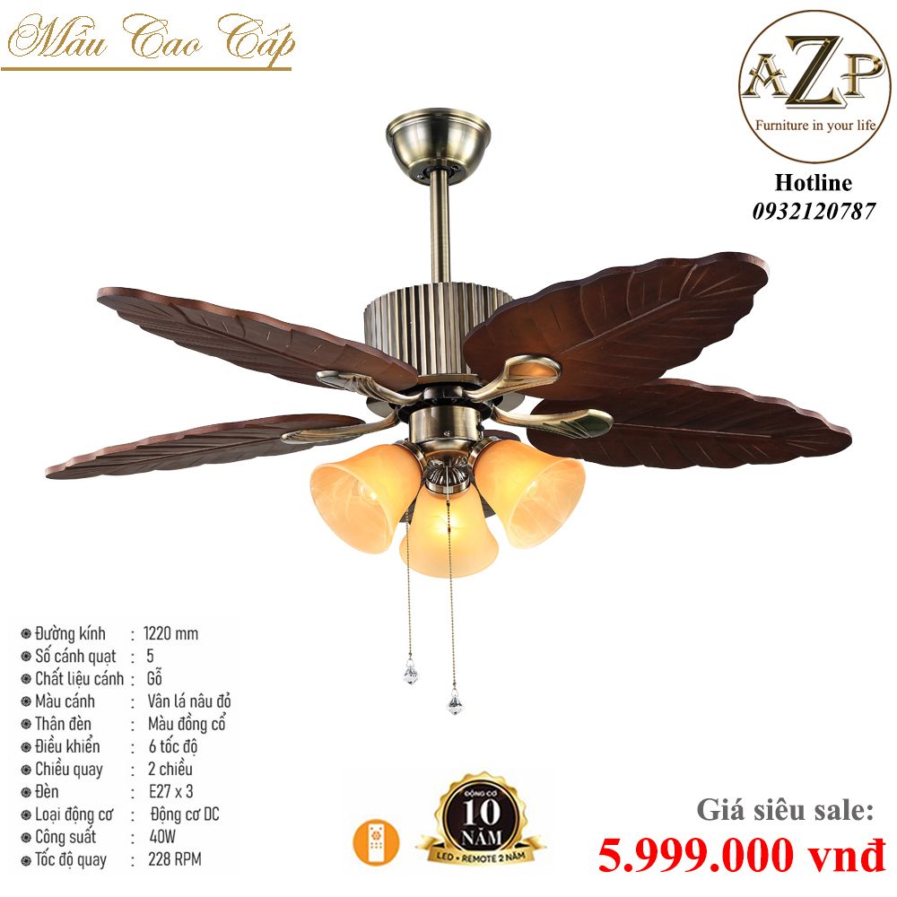 Quạt Nhóm Trung Lưu 5 Cánh Gỗ - Có Đèn/ Bảo Hành 10 năm AZP-QTL46