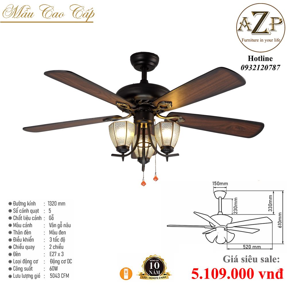 Quạt Nhóm Trung Lưu 5 Cánh Gỗ - Có Đèn/ Bảo Hành 10 năm AZP-QTL51