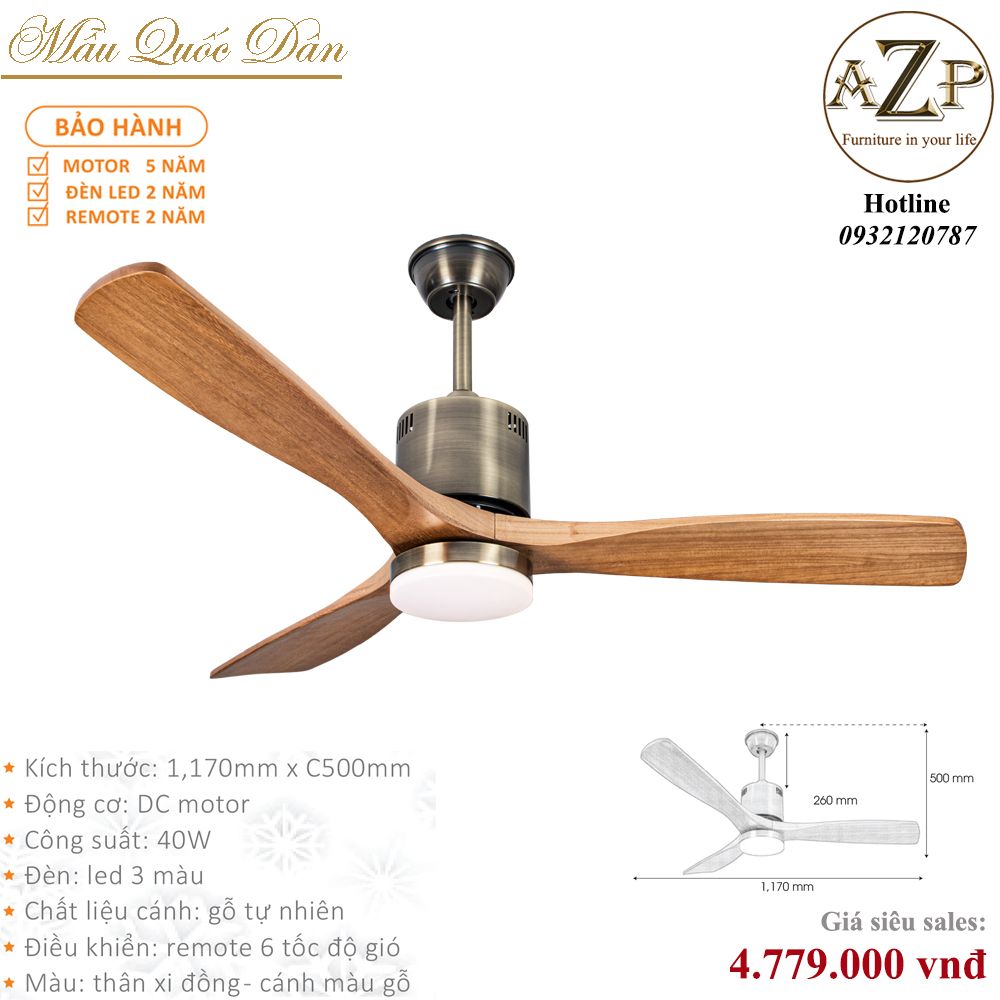 Quạt Nhóm Quốc Dân 3 Cánh Gỗ - Có Đèn/ Bảo Hành 5 năm AZP-QQD3