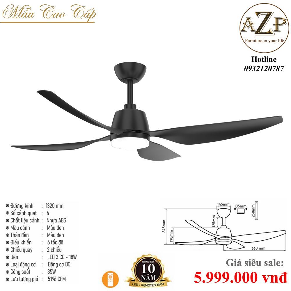 Quạt Nhóm Trung Lưu 4 Cánh Nhựa ABS  -  Có Đèn/ Bảo Hành 10 năm AZP-QTL31