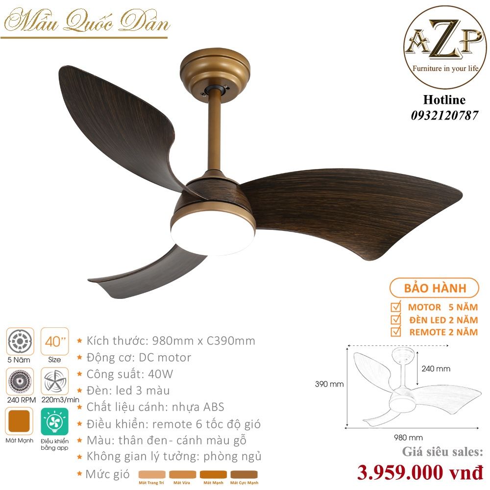Quạt Nhóm Quốc Dân 3 Cánh Gỗ - Có Đèn/ Bảo Hành 5 năm AZP-QQD57