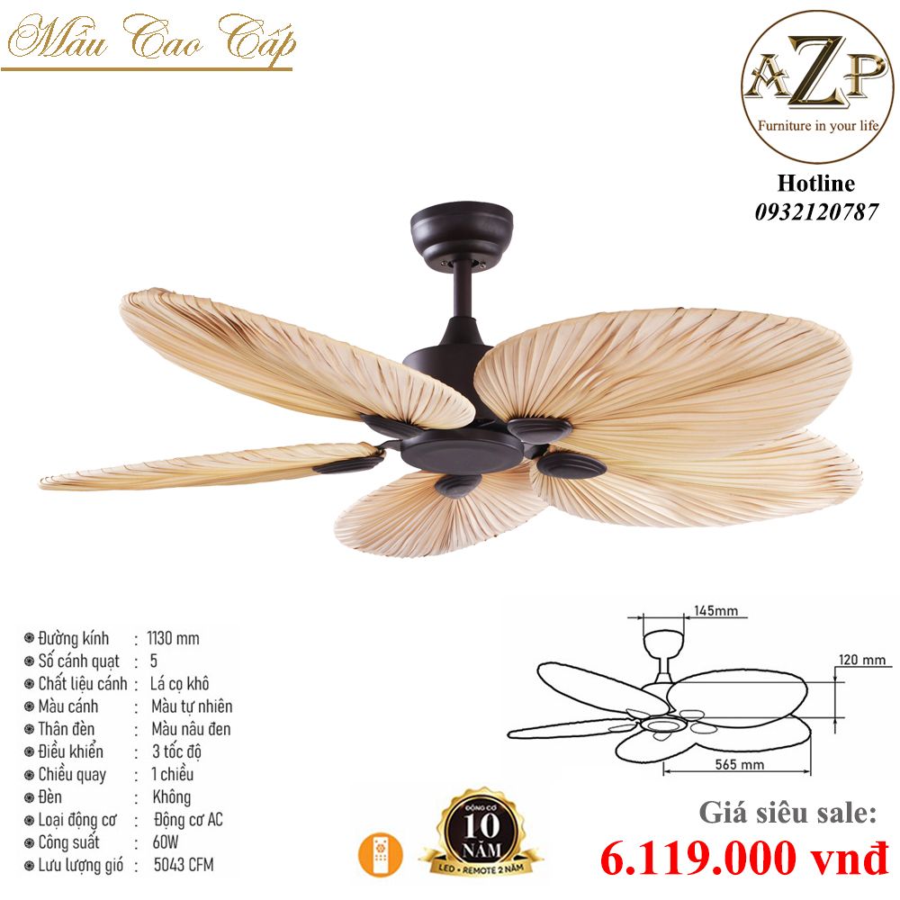 Quạt Nhóm Trung Lưu 5 Cánh Lá Cọ Khô  - Không Đèn/ Bảo Hành 10 năm AZP-QTL44