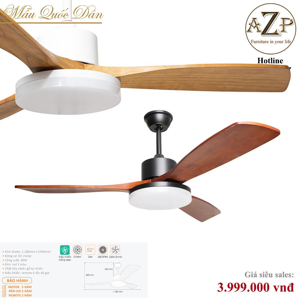 Quạt Nhóm Quốc Dân 3 Cánh Gỗ - Có Đèn/ Bảo Hành 5 năm AZP-QQD10