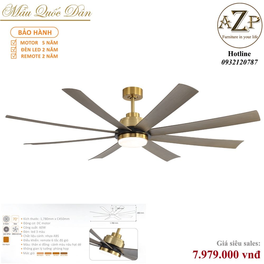 Quạt Nhóm Quốc Dân 8 Cánh Nhựa ABS - Có Đèn/ Bảo Hành 5 năm AZP-QQD60