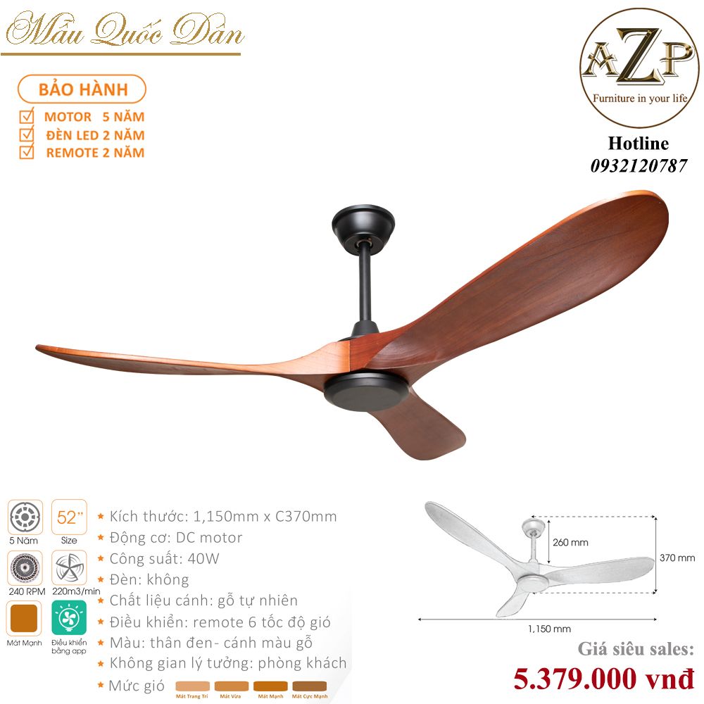 Quạt Nhóm Quốc Dân 3 Cánh Gỗ - Không Đèn/ Bảo Hành 5 năm AZP-QQD8