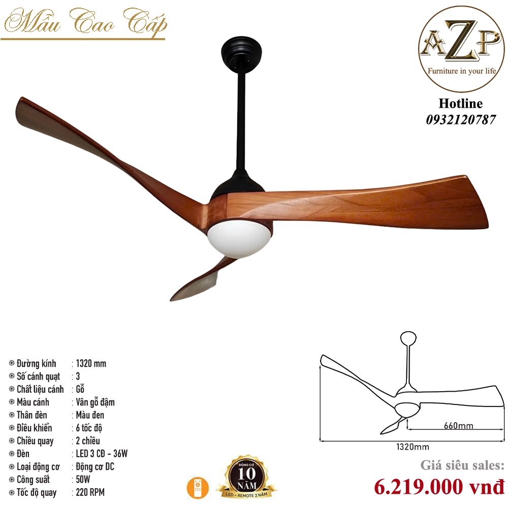Quạt Nhóm Trung Lưu 3 cánh Gỗ - Có Đèn / Bảo Hành 10 năm-AZP-QTL8