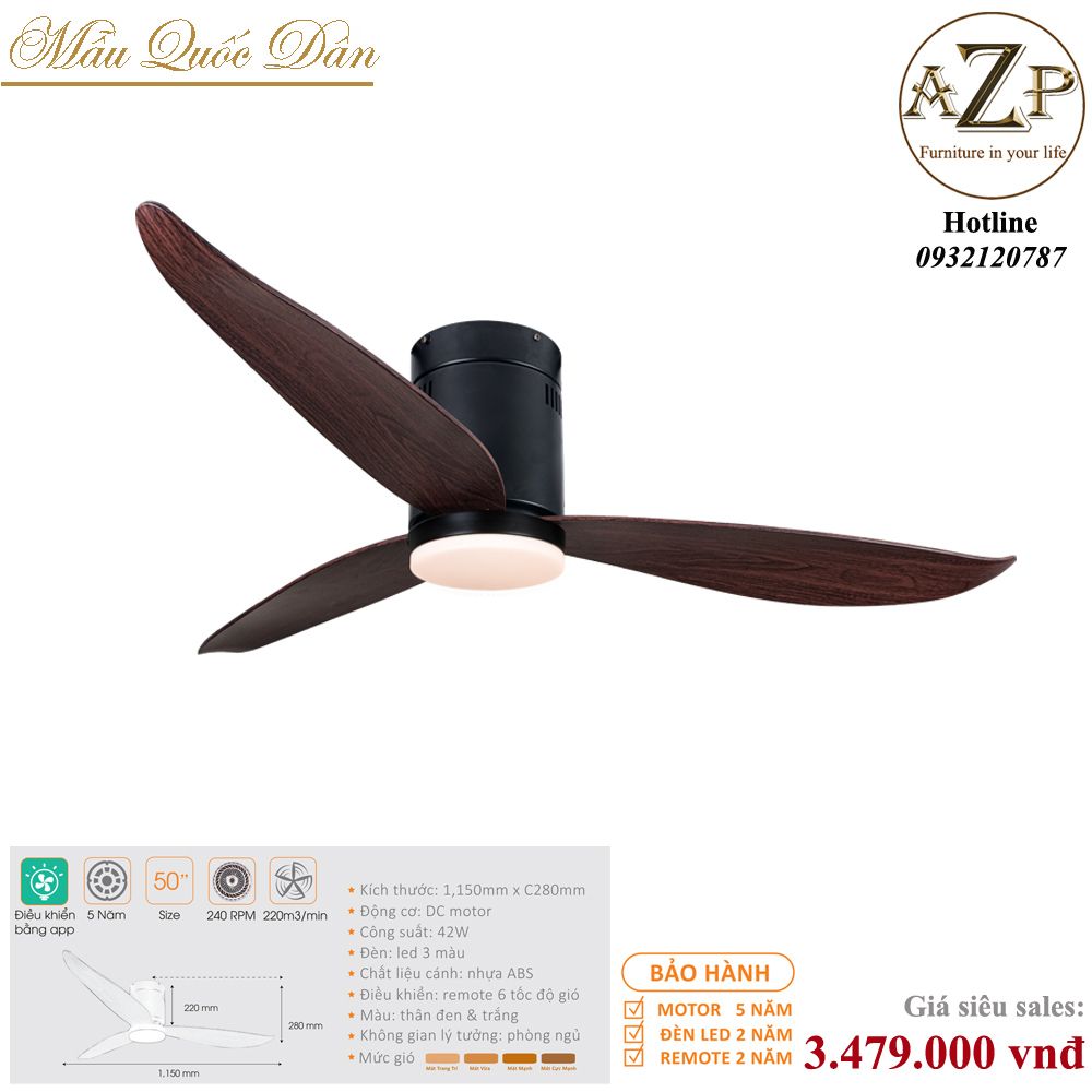 Quạt Nhóm Quốc Dân 3 Cánh Nhựa ABS - Không Đèn/ Bảo Hành 5 năm AZP-QQD100 55