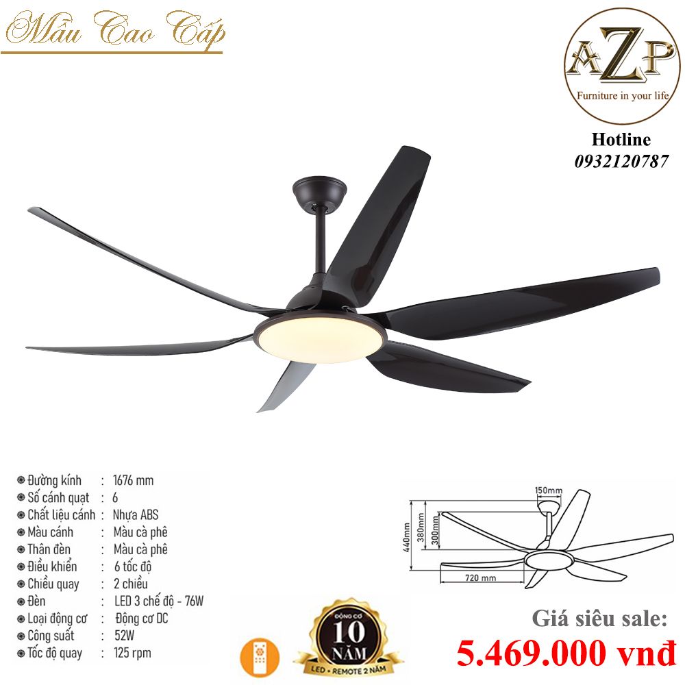 Quạt Nhóm Trung Lưu 6 Cánh Nhựa ABS  -  Có Đèn/ Bảo Hành 10 năm AZP-QTL29