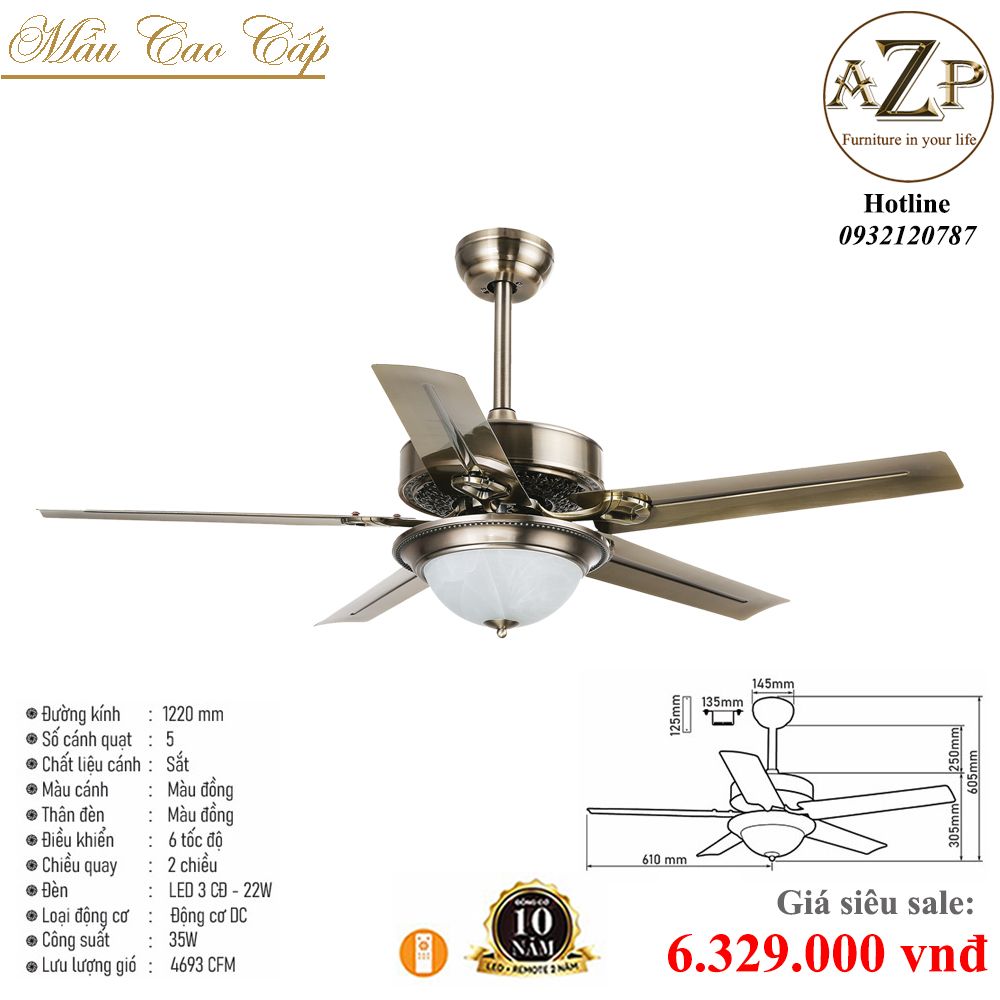 Quạt Nhóm Trung Lưu 5 Cánh Thép - Có Đèn/ Bảo Hành 10 năm AZP-QTL58