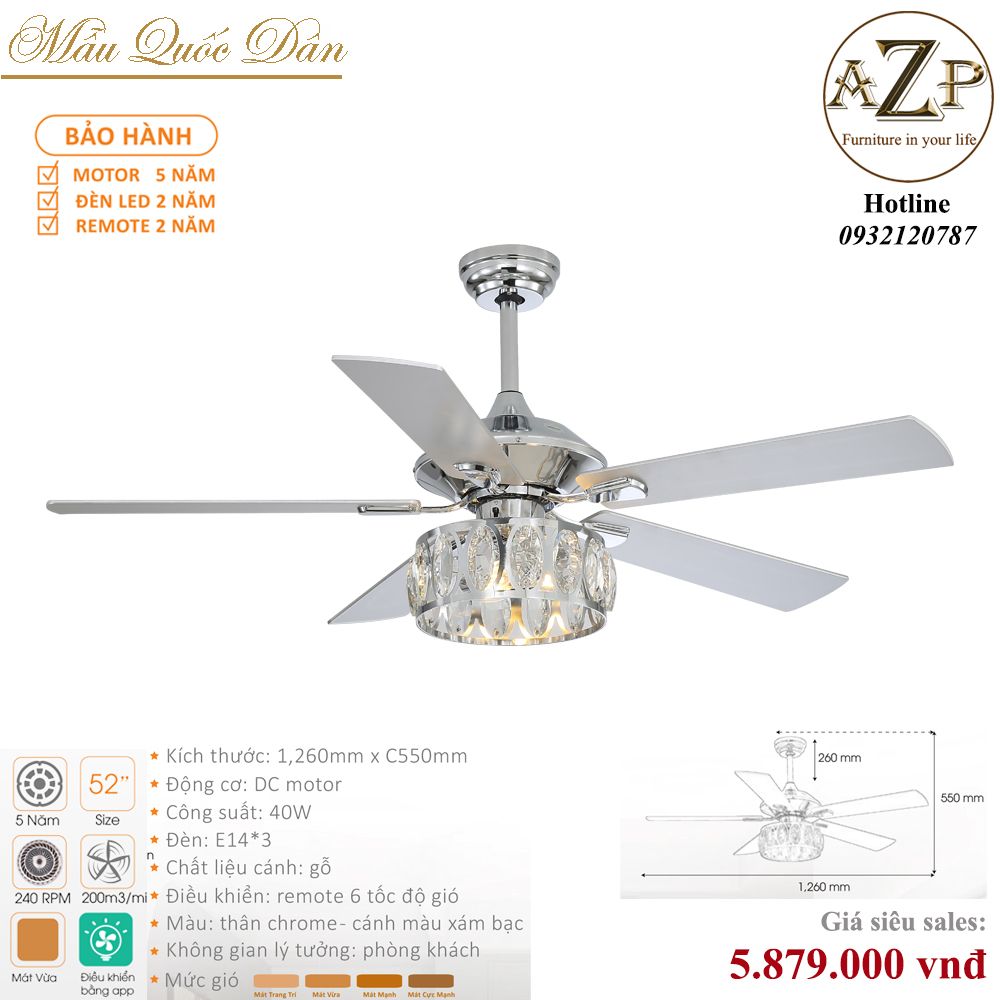 Quạt Nhóm Quốc Dân 5 Cánh Gỗ - Có Đèn/ Bảo Hành 5 năm AZP-QQD37