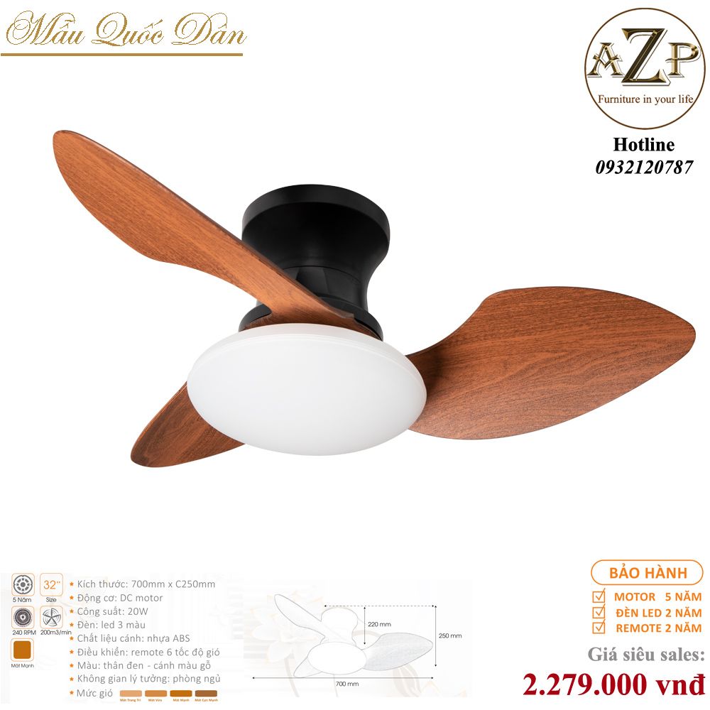 Quạt Nhóm Quốc Dân 3 Cánh Nhựa - Có Đèn/ Bảo Hành 5 năm AZP-QQD100 61