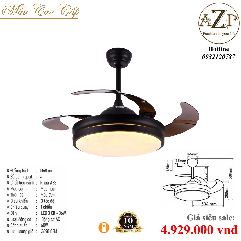 Quạt Nhóm Trung Lưu 4 Cánh Nhựa ABS - Có Đèn/ Bảo Hành 10 năm AZP-QTL71