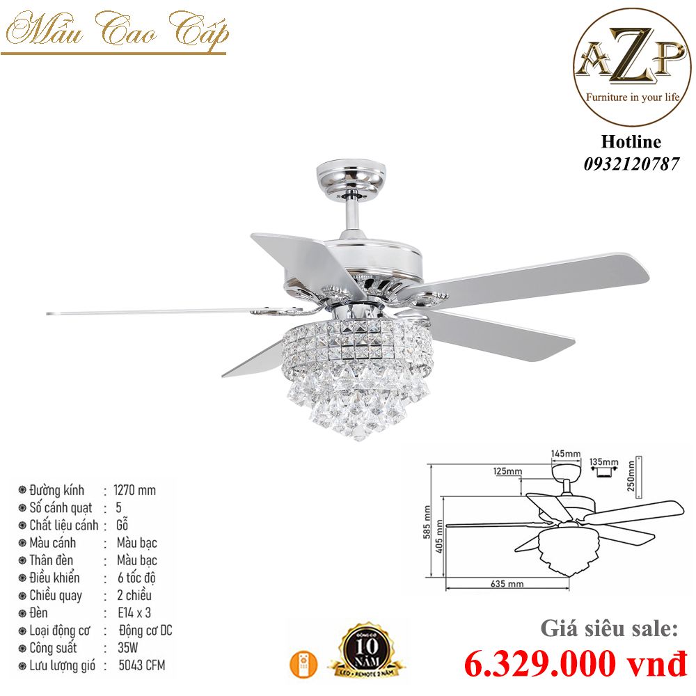 Quạt Nhóm Trung Lưu 5 Cánh Gỗ - Có Đèn Phale/ Bảo Hành 10 năm AZP-QTL59