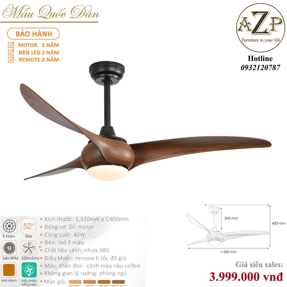 Quạt Nhóm Quốc Dân 3 Cánh Gỗ - Có Đèn/ Bảo Hành 5 năm AZP-QQD53