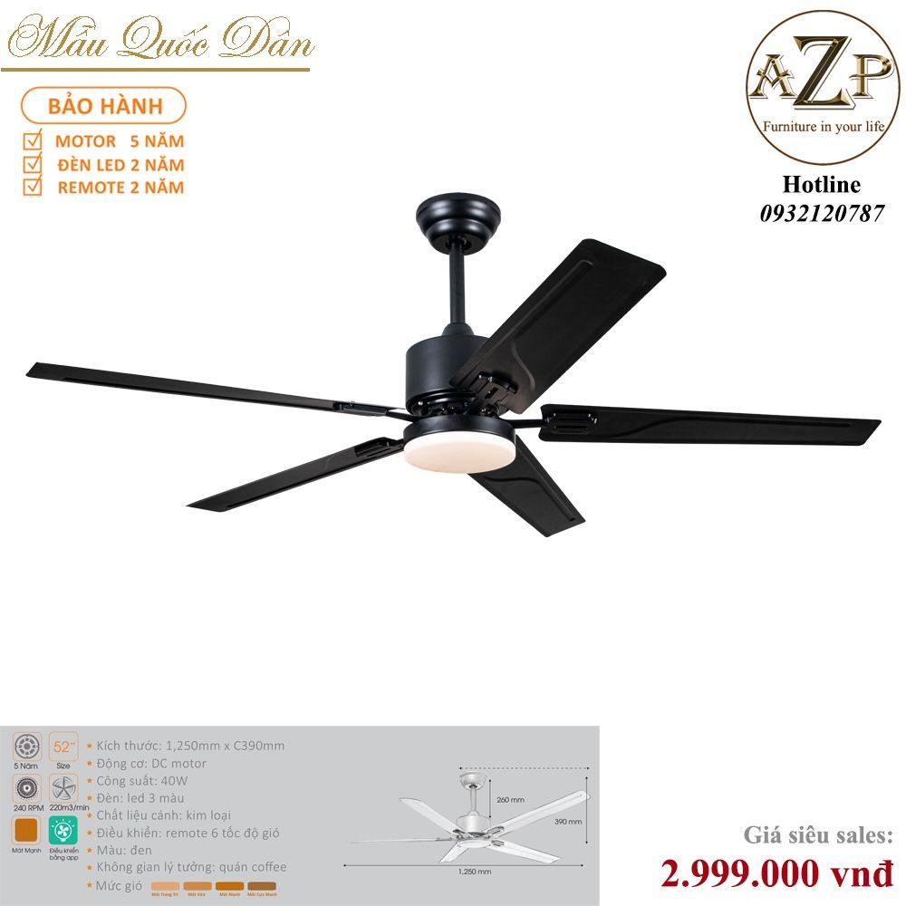 Quạt Nhóm Quốc Dân 5 Cánh Thép - Có Đèn/ Bảo Hành 5 năm AZP-QQD50